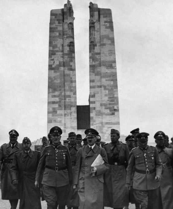 Hitler visits the First World War memorial to the Canadian soldiers killed at Vimy Ridge, France